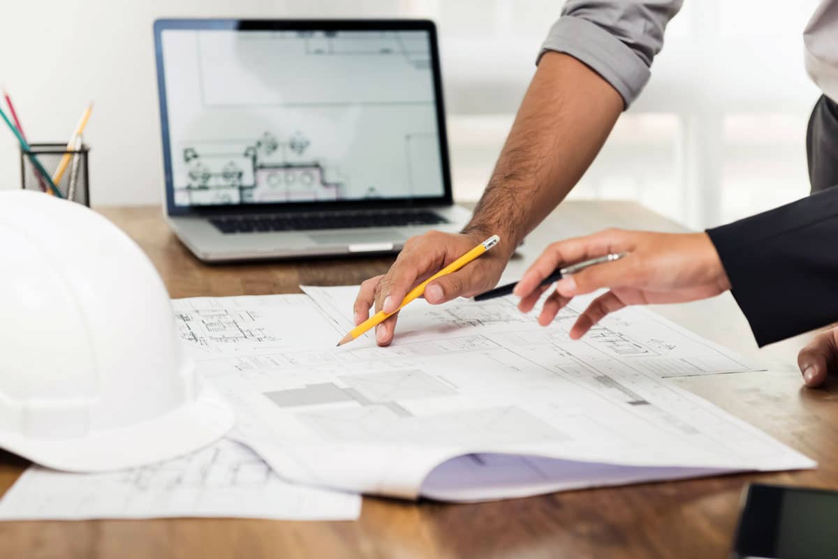 Plan Review Laptop and blueprints